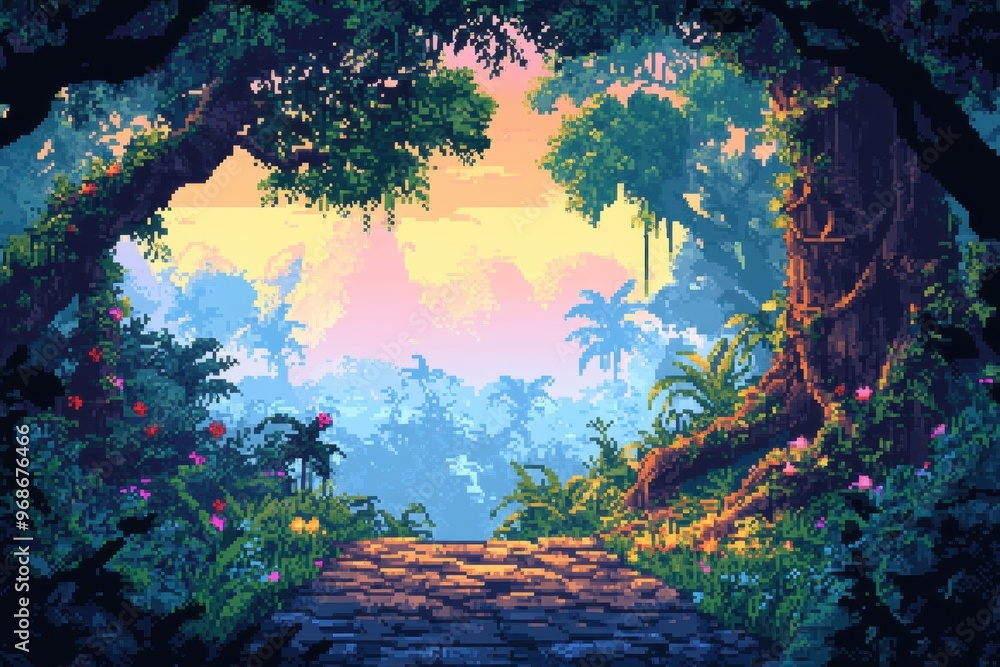 Aufkleber retro pixel jungle - 16-bit rpg adventure background with thick trees and pixelated wildlife