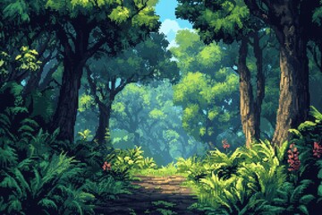 Fototapeta premium Pixelated Retro Jungle - 16-Bit RPG Adventure Background with Thick Trees and Wildlife