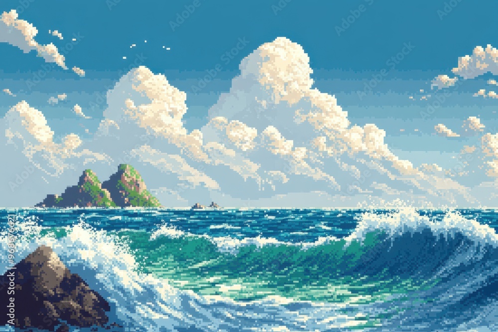 Aufkleber retro 16-bit pixel ocean with distant islands and waves - rpg exploration scene