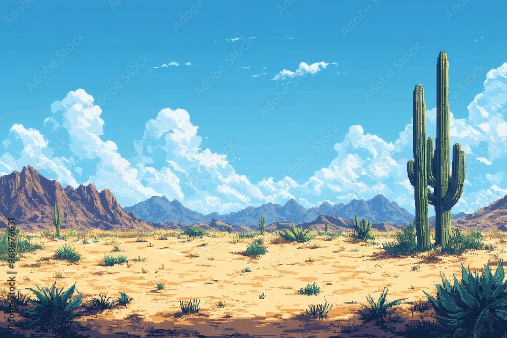 Aufkleber retro pixelated desert landscape with oasis in 8-bit style for rpg background simplicity