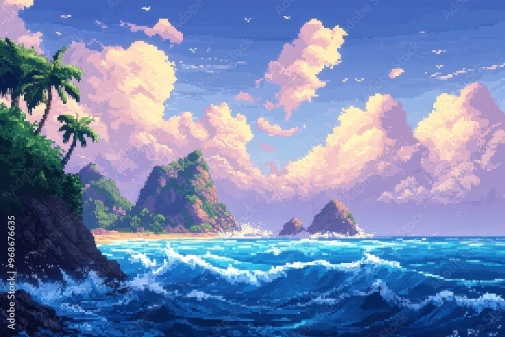 Poster retro 16-bit pixel ocean backdrop for rpg exploration with distant islands and pixelated waves