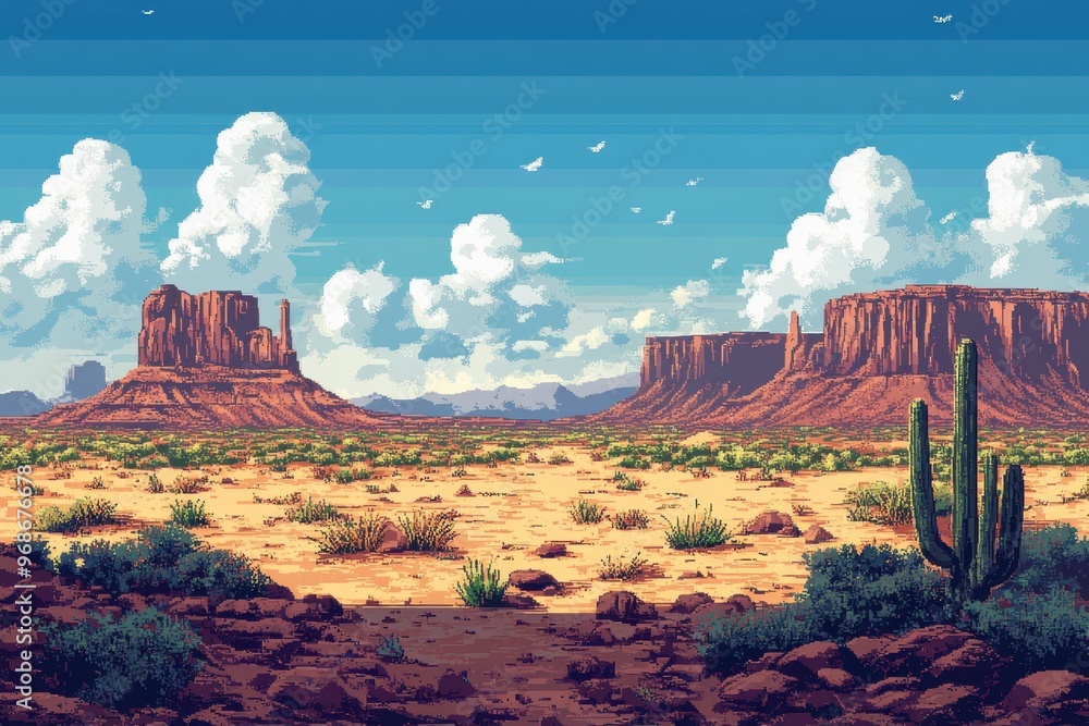 Poster pixelated 8-bit desert landscape with oasis in distance - simplistic rpg background design