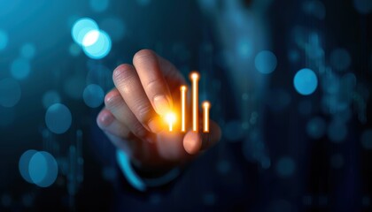 A business professional interacting with digital growth metrics, symbolizing success and data-driven decision making.