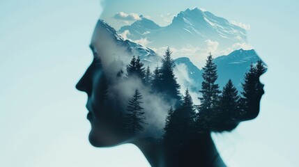 Double exposure silhouette of a person blending with majestic mountain ranges, capturing the grandeur of nature and human spirit, high-definition, detailed textures, dramatic lighting, epic and
