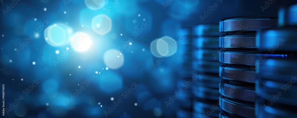 Poster a captivating abstract background with glowing blue orbs and stacks, creating a sense of depth and s