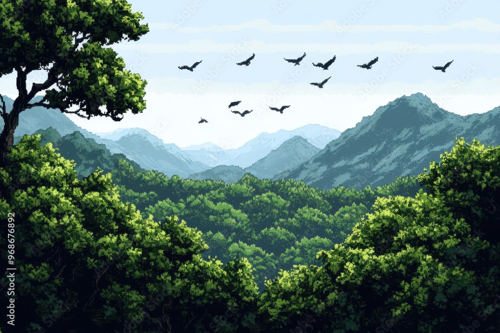 Poster retro 8-bit pixel forest with pixelated birds - rpg exploration scenery