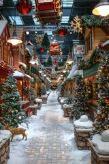 Fototapeta premium A Christmas scene with a snow-covered landscape and a sleigh with a reindeer
