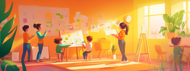 A diverse group of young children and educators engaged in a creative classroom project with vibrant sunlight streaming through large windows.