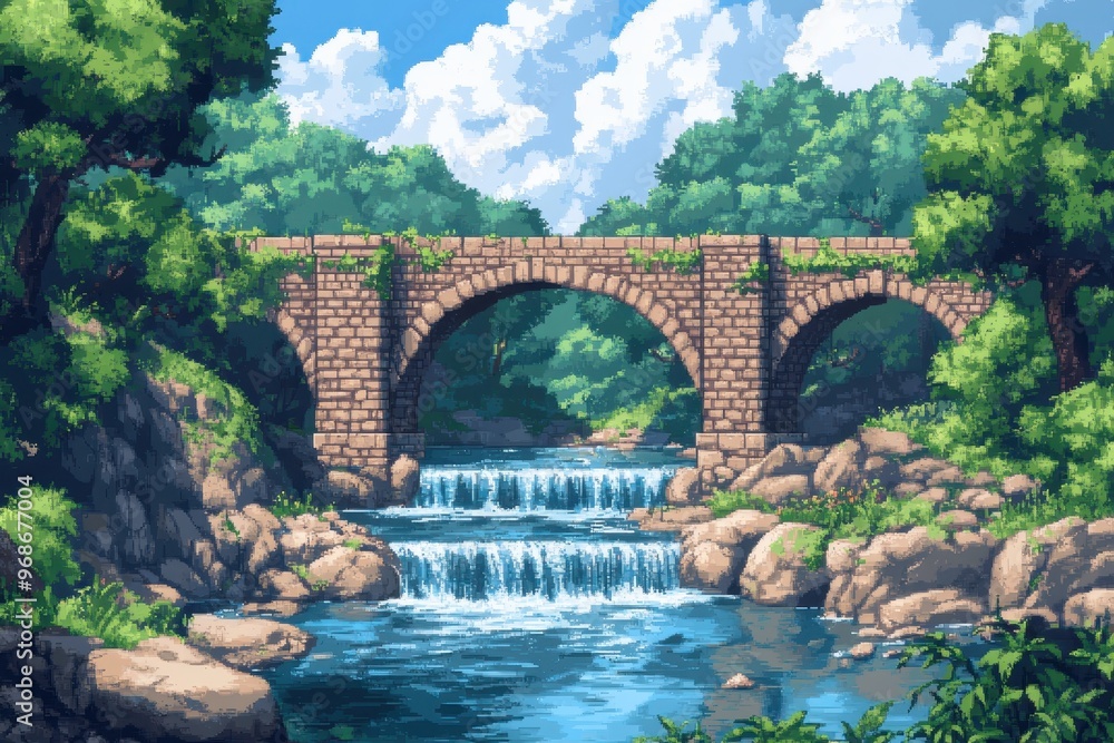 Aufkleber enchanting 16-bit pixel forest river - rpg nature exploration scene with bridges and trees