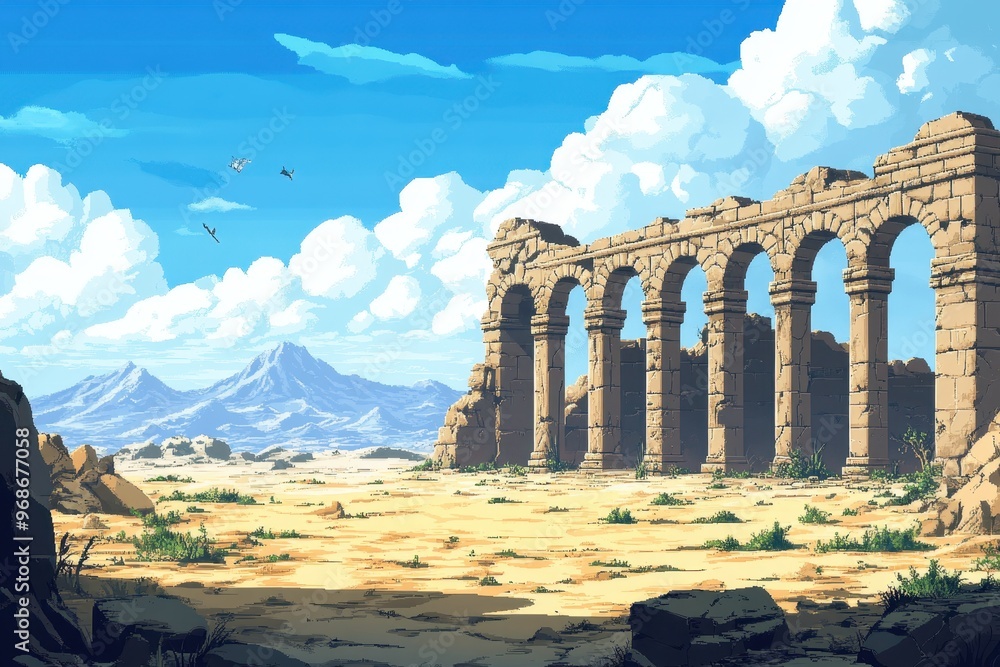 Poster retro pixel desert with ancient temple ruins - video game exploration background in 8-bit rpg style