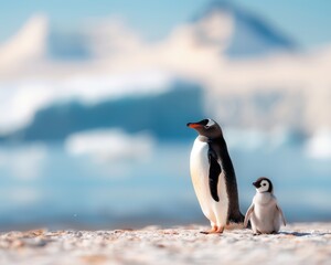 Obraz premium A charming image of a penguin and its chick standing together on a snowy landscape, showcasing the beauty of wildlife.
