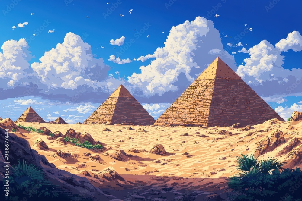Poster retro pixel desert landscape with pixelated pyramids - 8-bit rpg exploration scene