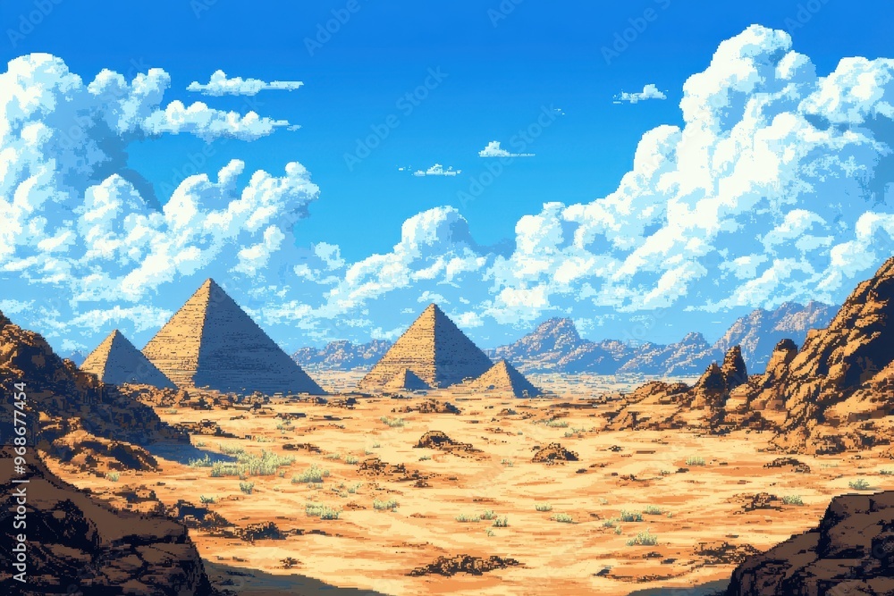 Poster retro pixel desert landscape with 8-bit pyramids - vintage video game style rpg exploration backgrou