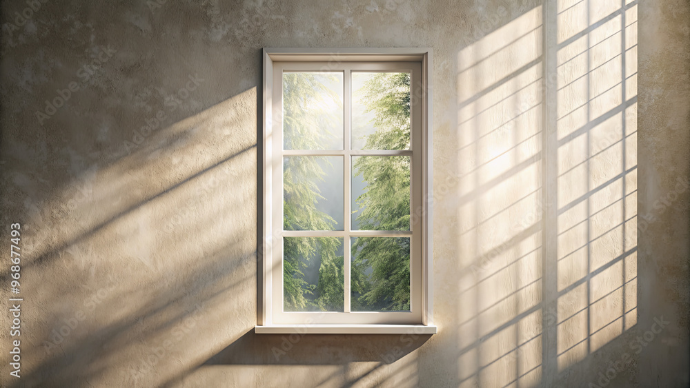 Poster soft sunlight filters through a window, illuminating a wall with a textured finish. shadows dance ac