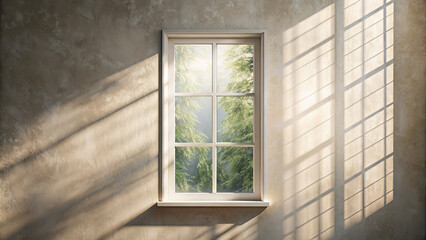Fototapeta premium Soft sunlight filters through a window, illuminating a wall with a textured finish. Shadows dance across the surface, creating a tranquil atmosphere with greenery visible beyond