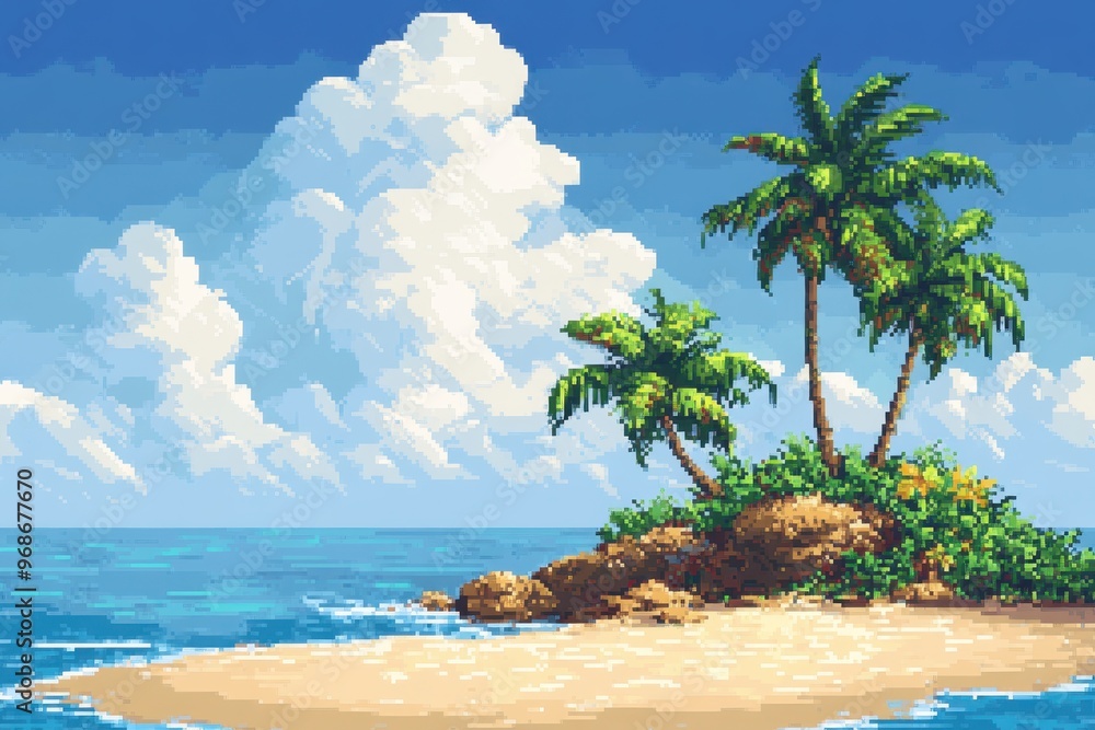 Poster retro 8-bit pixel island paradise with palm trees and sandy shoreline in rpg tropical setting