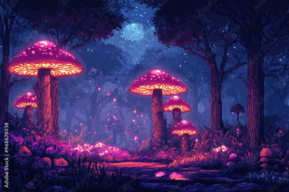 Poster retro rpg enchanted forest - 8-bit pixel art background with glowing mushrooms and trees for gaming 