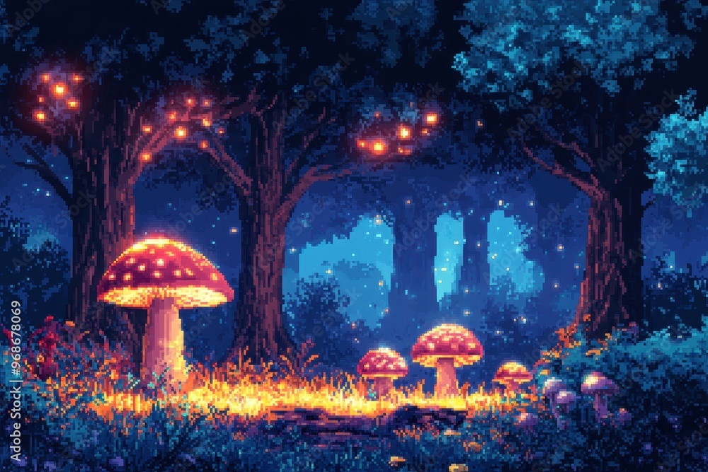Poster pixelated enchanted forest - retro rpg background with glowing mushrooms and trees in 8-bit style