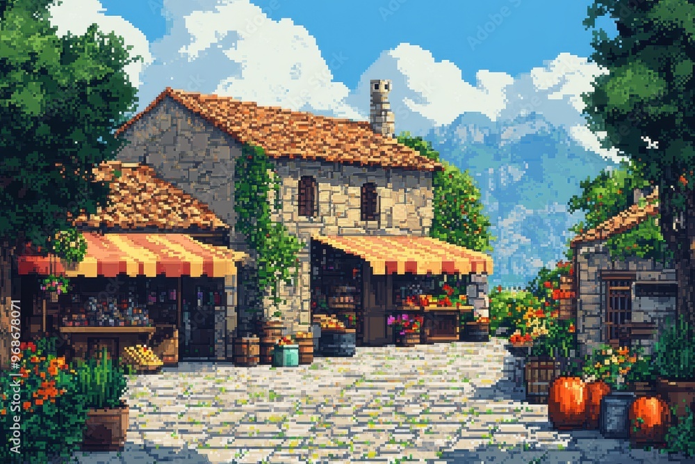 Aufkleber retro pixel village market scene with colorful stalls and npcs in 16-bit rpg style background