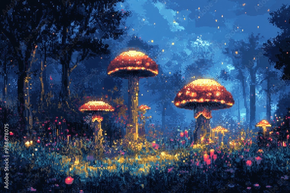 Poster pixelated enchanted forest - retro rpg magical background with glowing mushrooms and trees in 8-bit 