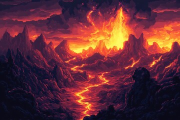 Retro 16-Bit Pixel Art Volcanic Landscape with Flowing Lava, RPG Dangerous Zone Background
