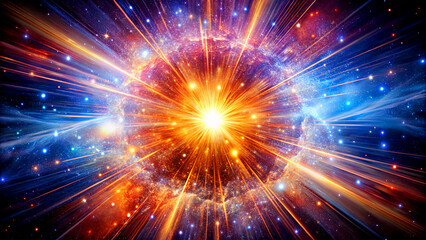 Fototapeta premium A spectacular cosmic event unfolds, with bright rays of light emanating from a central explosion. Colors blend, creating a mesmerizing display of energy and gas that illustrates cosmic forces at play
