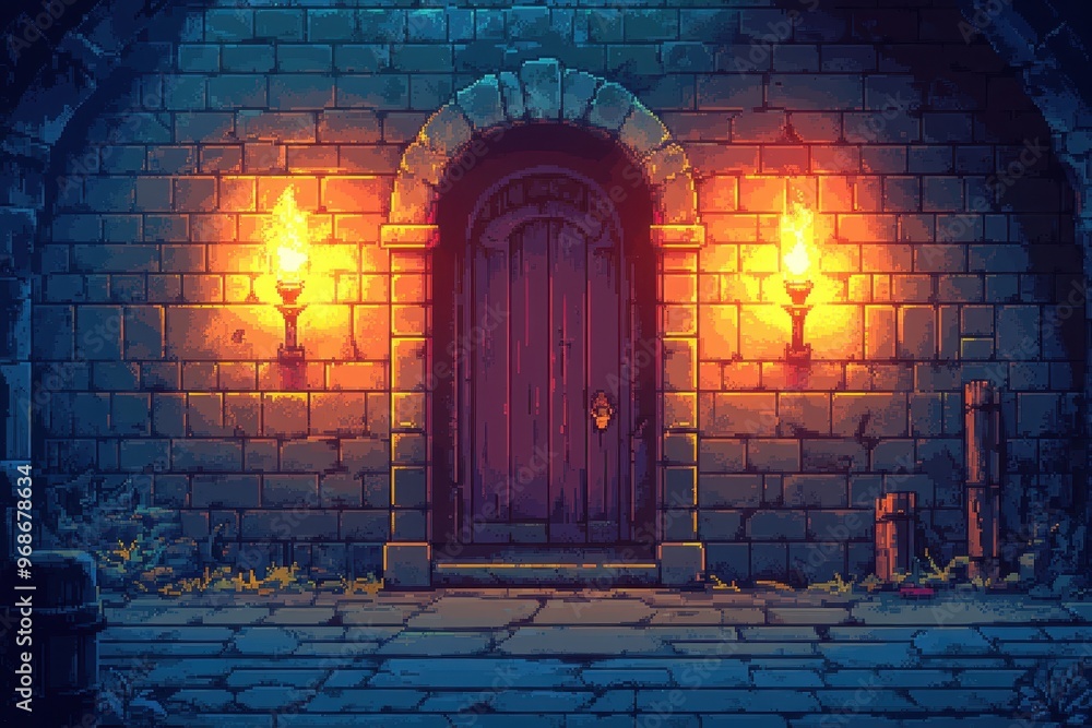 Poster retro pixel dungeon: nostalgic 16-bit rpg adventure background with brick walls and torches
