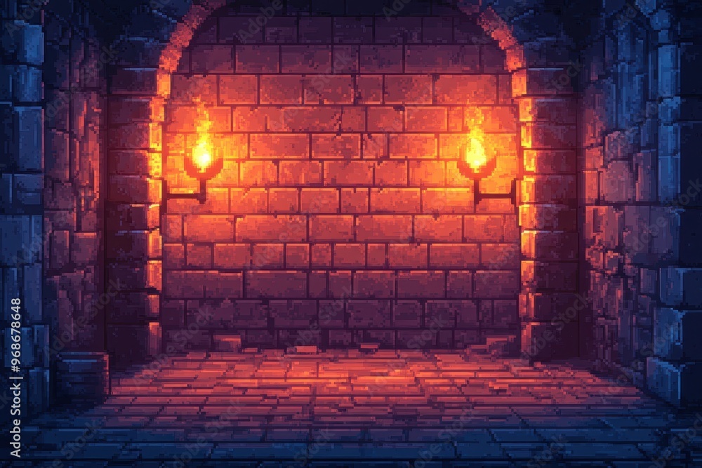Poster vintage pixel dungeon with brick walls and torch: retro 16-bit rpg adventure background
