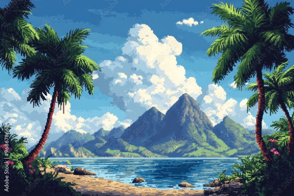 Aufkleber retro 8-bit pixel island adventure with palm trees and mountains for rpg exploration scene