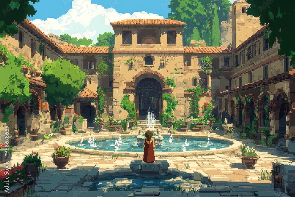 Poster serene 8-bit pixel castle courtyard: rpg fantasy setting with fountains and npcs
