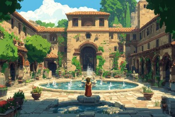 Obraz premium Serene 8-Bit Pixel Castle Courtyard: RPG Fantasy Setting with Fountains and NPCs