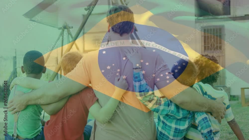 Sticker Animation of flag of brazil over caucasian man with diverse children embracing