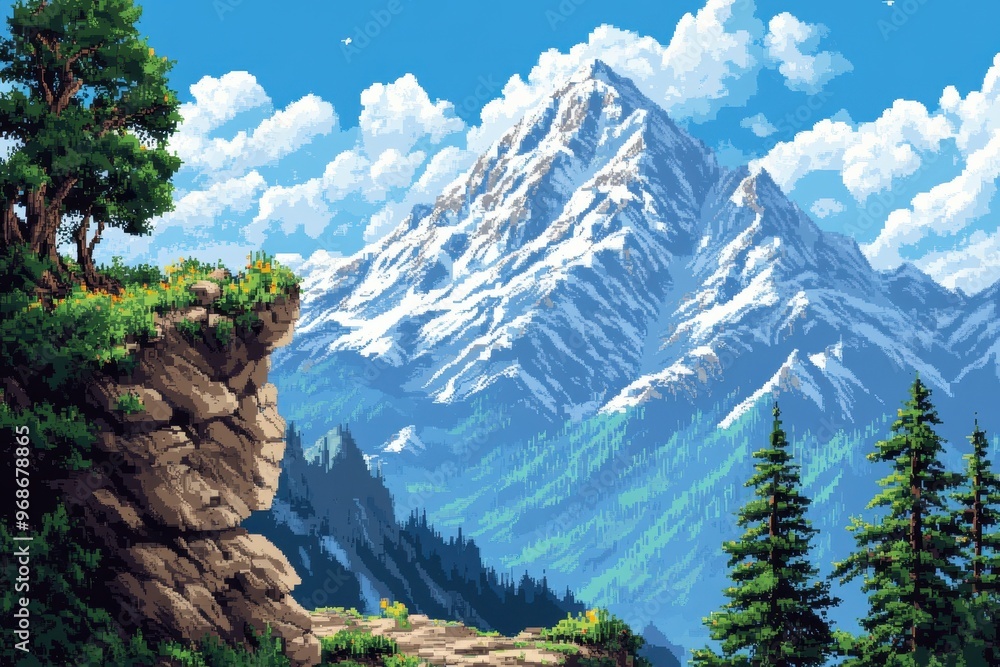 Aufkleber retro 8-bit snow-capped mountain range - pixel art rpg journey background