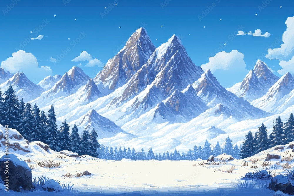 Aufkleber retro rpg adventure - 8-bit pixel snow-capped mountain range background
