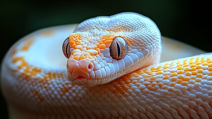 Fototapeta premium A white snake glides gracefully, showcasing its intricate scales and captivating eyes. The soft green backdrop enhances the snake's ethereal beauty and texture