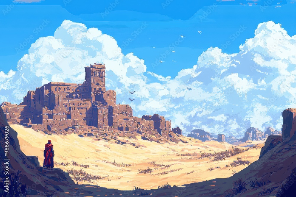 Aufkleber retro 16-bit pixel desert landscape with sand dunes and ancient ruins for rpg exploration game backg