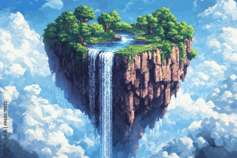 Poster retro 8-bit pixel art floating island with waterfall, rpg fantasy world background