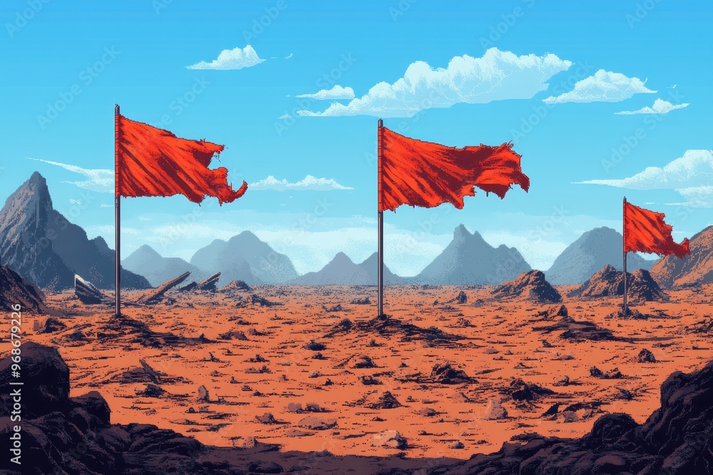 Poster pixelated warzone remnants: retro 8-bit rpg battlefield with fallen flags and craters