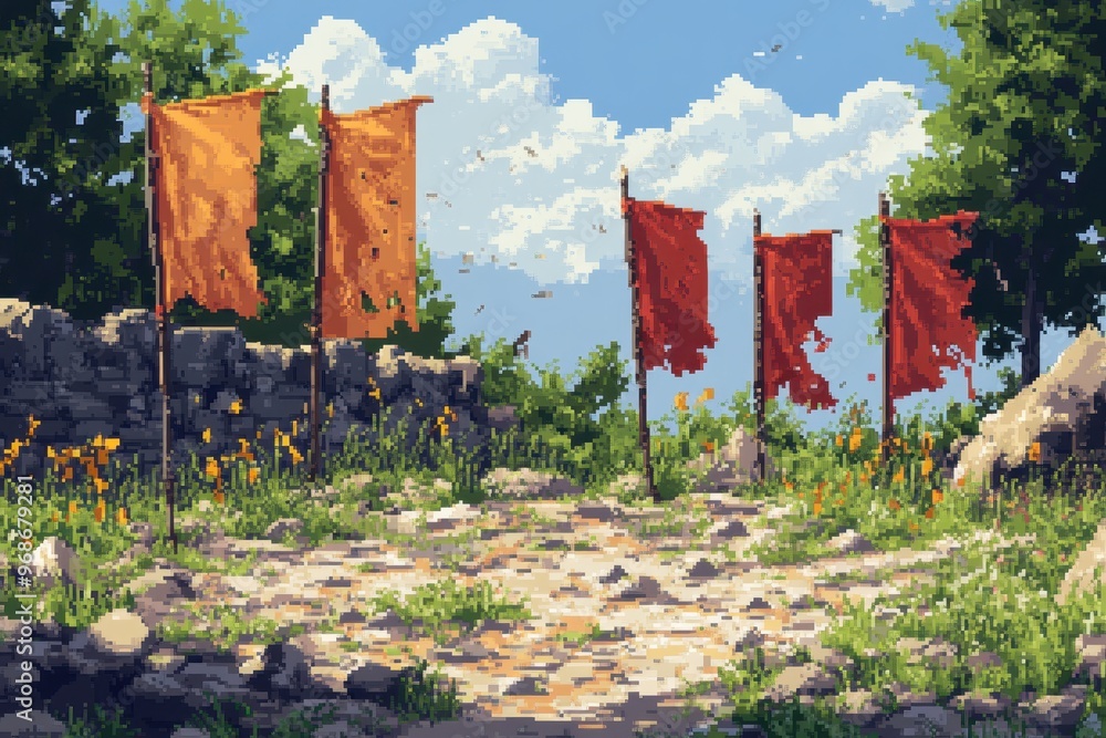 Aufkleber pixelated retro battlefield with fallen flags and craters: 8-bit rpg warzone background