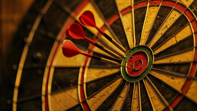 Close up of dartboard with three red darts perfectly hitting bullseye