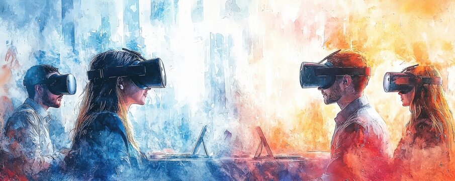 watercolor scene of a presentation involving AR/VR technology, collaborative group discussion, spacious and versatile copyspace