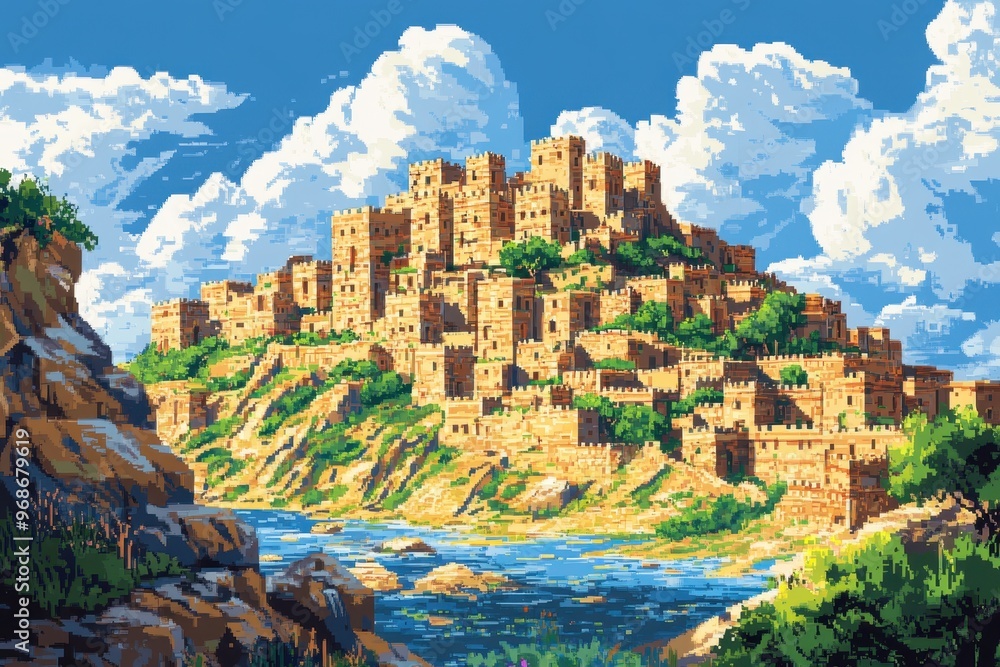 Poster dreamy 8-bit pixel ancient castle overlooking rpg world map exploration background