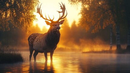 Photorealistic image of a majestic stag standing in a misty forest at dawn its antlers silhouetted against the rising sun creating a serene and mystical atmosphere