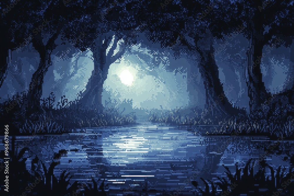 Poster enigmatic pixel swamp: 8-bit rpg scene with dark water and simple trees for eerie exploration