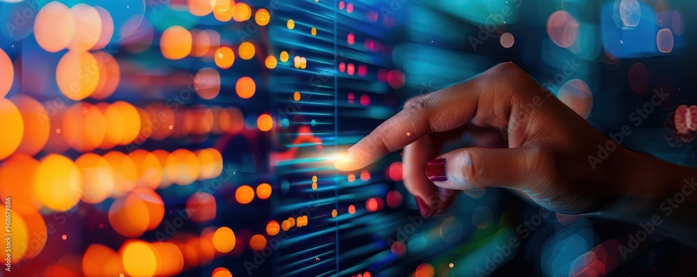 Poster a close-up view of a hand interacting with a digital interface, showcasing vibrant lights and data v