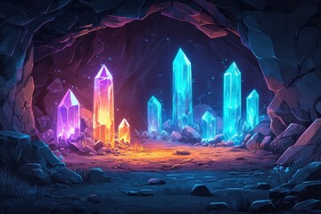 Pixelated Underground Cave with Glowing Crystals - Retro RPG Dungeon Exploration Background