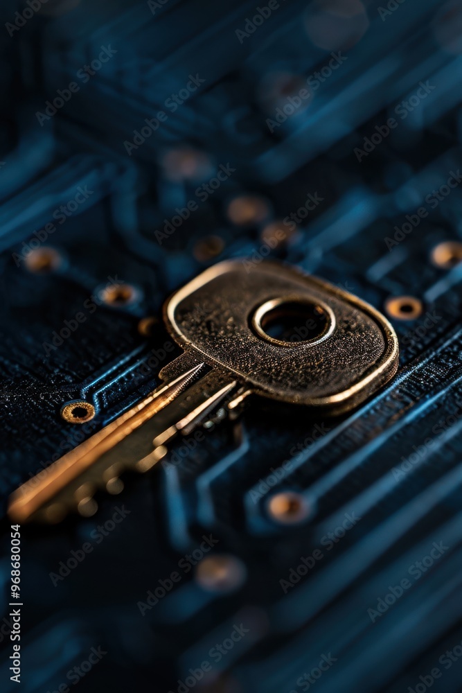 Aufkleber a close-up view of a metallic key resting on a dark circuit board background, symbolizing security a