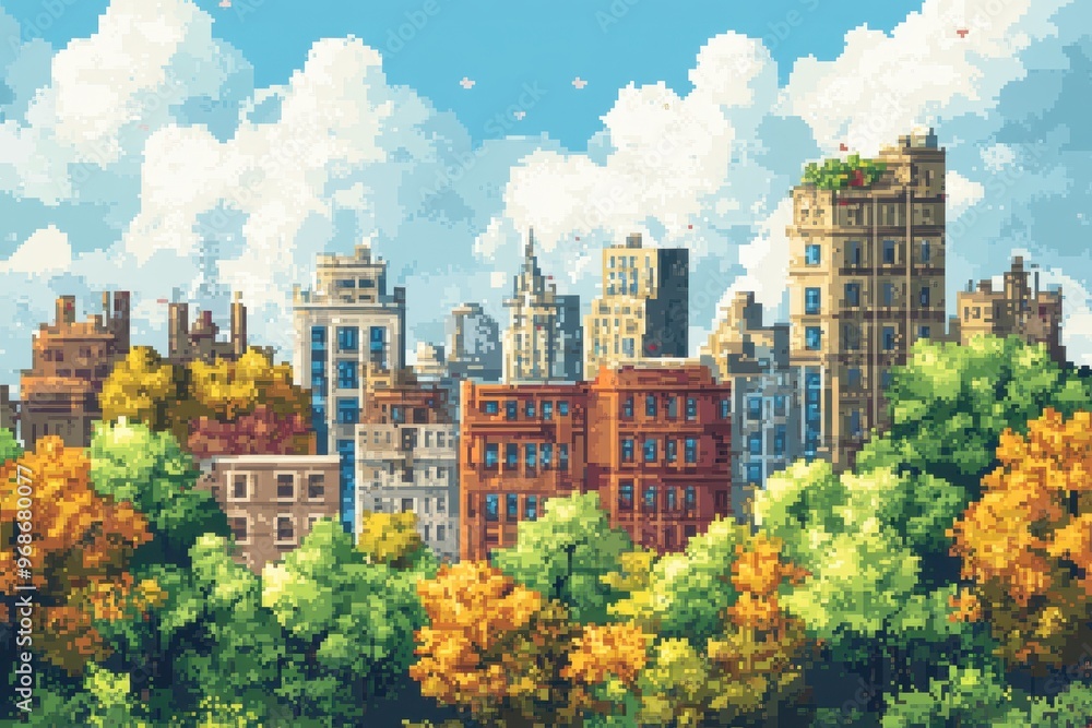 Aufkleber retro 8-bit pixel cityscape with simple buildings and clouds for rpg adventure
