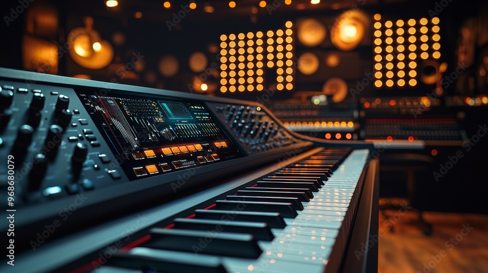Poster modern music studio keyboard with lights and digital interface