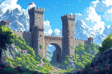 Pixelated 16-Bit Castle with Towers and Drawbridge, RPG Fortress Background for Video Game Design